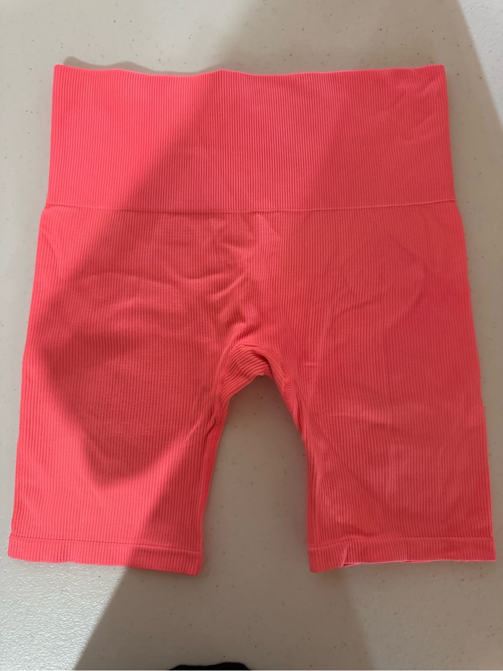 High-Waist Ribbed Bike Shorts - Coral Pink